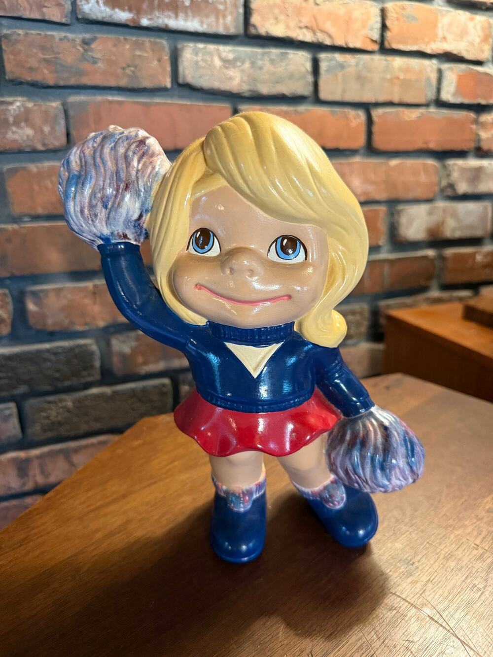 Vintage Chalkware Cheerleader Figurine Blonde Pom Poms Red Blue